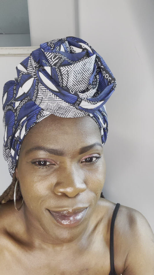 Blue White Satin Lined Pre-tied Head Wrap