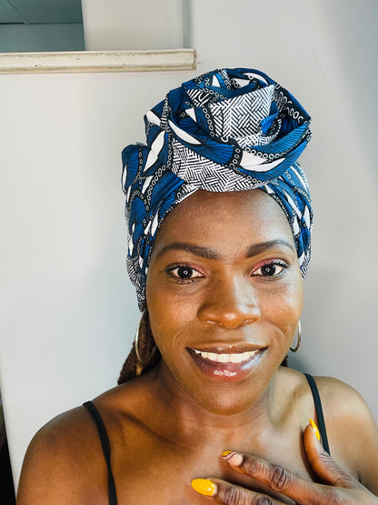 Blue White Satin Lined Pre-tied Head Wrap