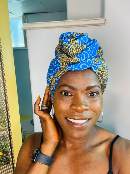 Zebra Blue Satin Lined Pre-tied Head Wrap