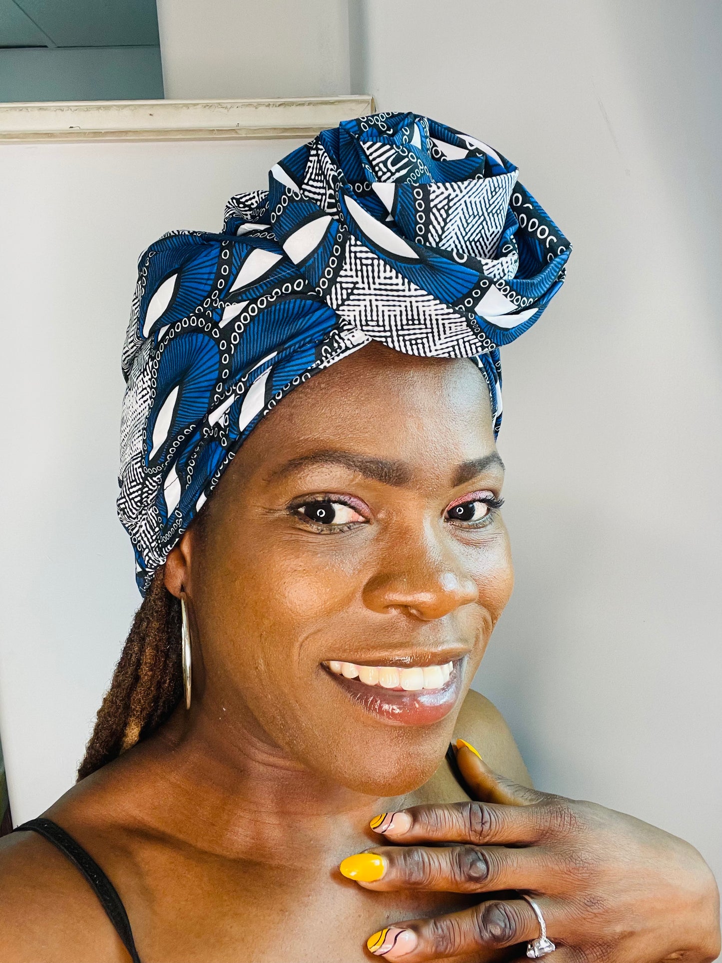 Blue White Satin Lined Pre-tied Head Wrap